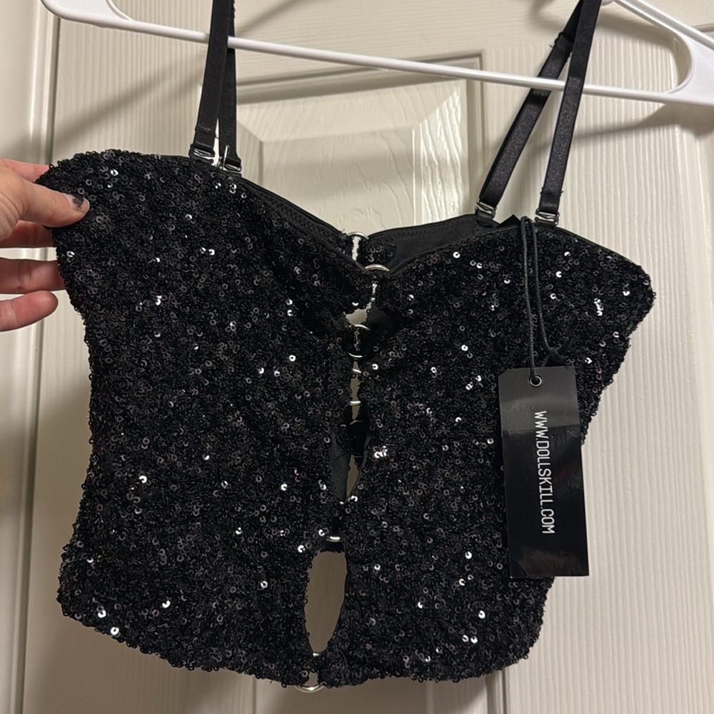 Dolls Kill Club Exx Black Sequin sparkle Mesh O-Ring Cutout Crop Top